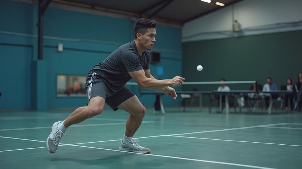 Professional table tennis player demonstrating proper grip and stance at competition table