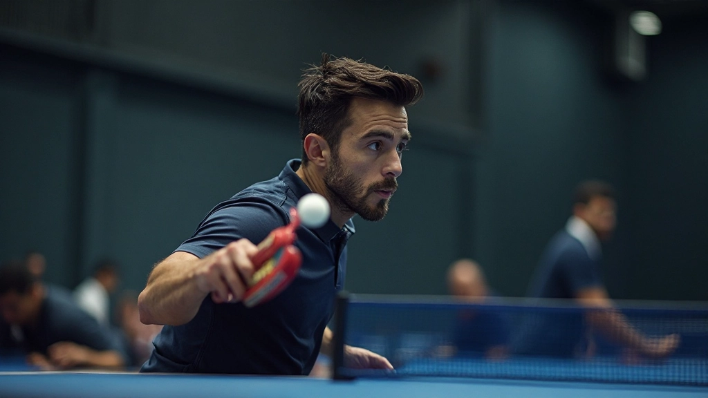 Table tennis player executing tactical positioning during competitive match