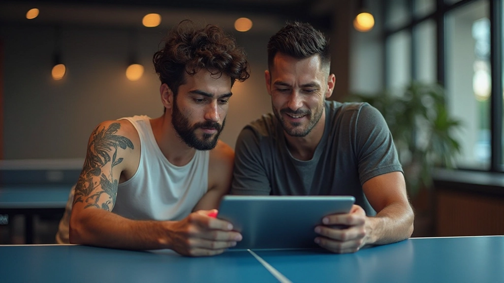Badminton players analyzing match performance and discussing tactical strategy review