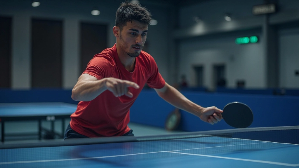 Professional table tennis player demonstrating proper grip and stance at competition table