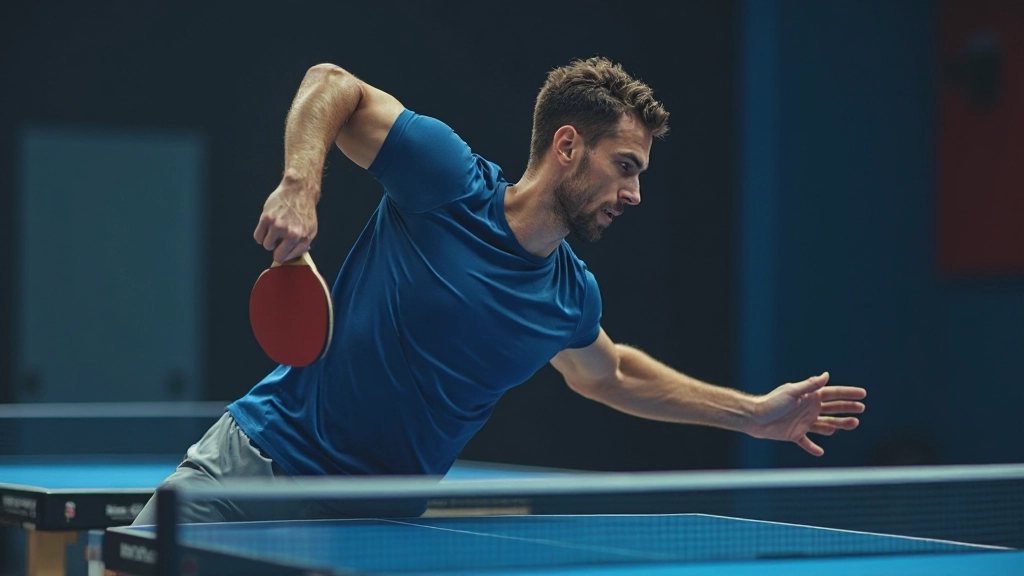 Professional table tennis player demonstrating proper grip and stance at competition table
