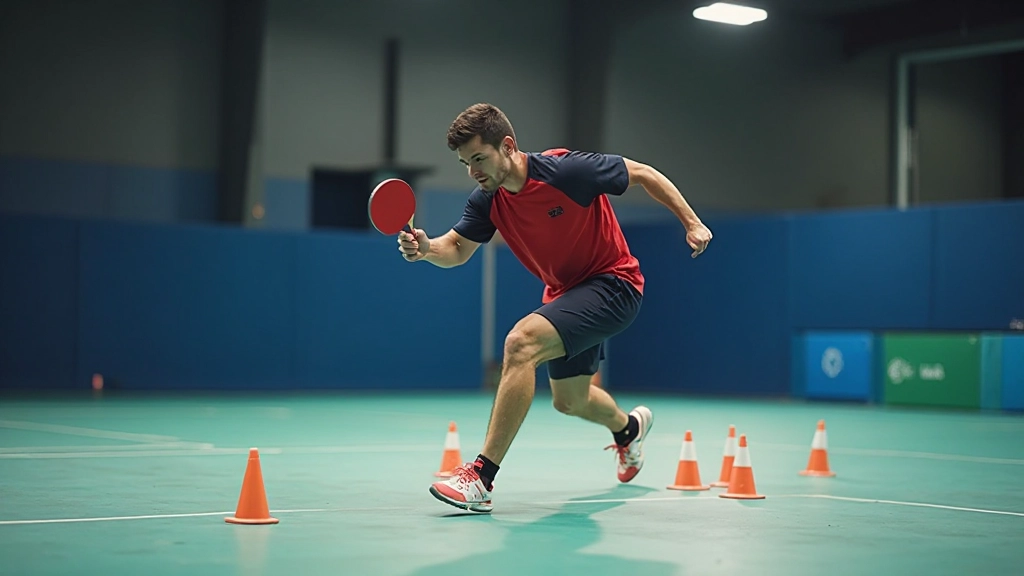 Athlete performing agility drill with training cones on sports court