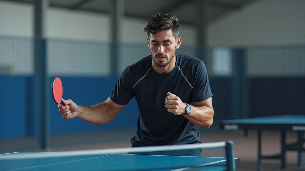 Table tennis player executing forehand stroke during training session