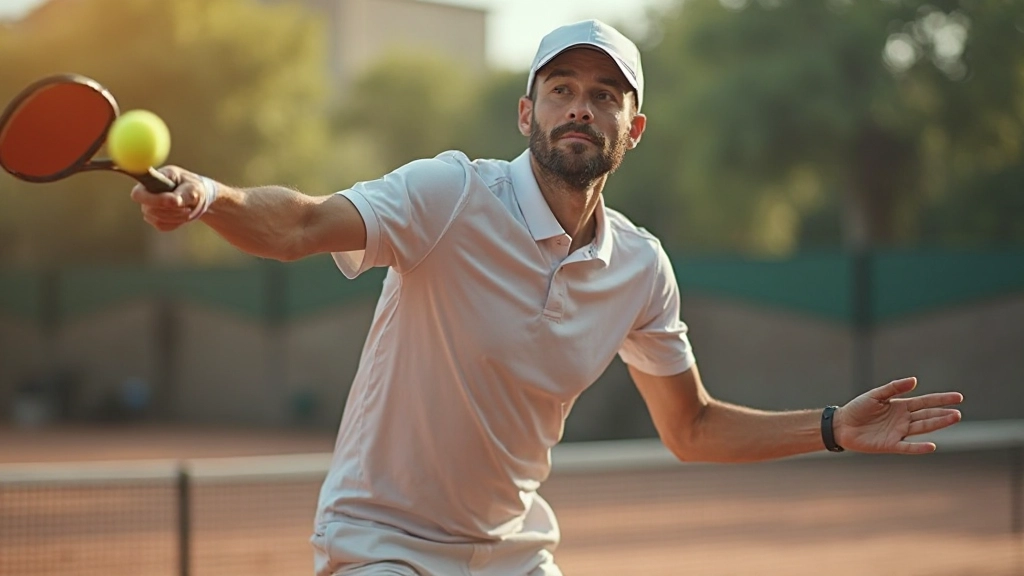 Tennis instructor demonstrating proper serve motion and follow-through on outdoor clay court